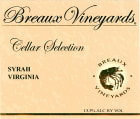 Breaux Vineyards  Cellar Selection Syrah 2012 Front Label