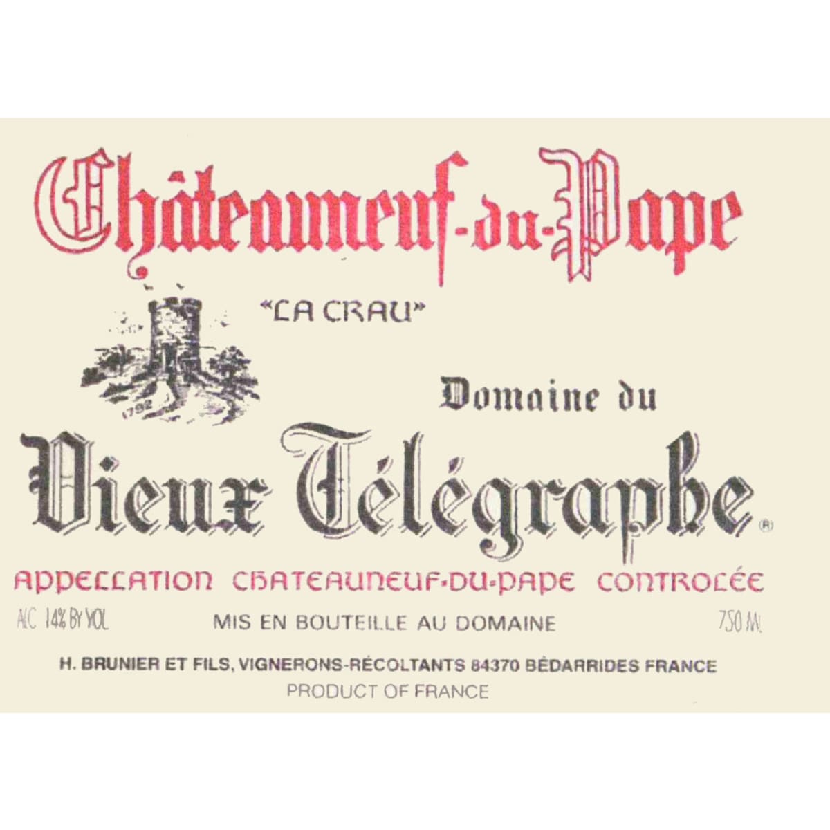 Domaine du Vieux Telegraphe Chateauneuf-du-Pape La Crau (375ML half-bottle) 2007 Front Label