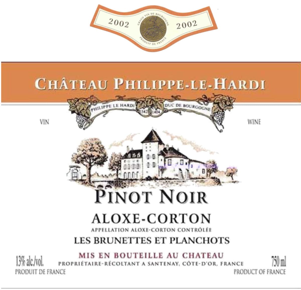 Chateau de Santenay Aloxe-Corton Philippe-Le-Hardi  Les Brunettes et Planchots 2002 Front Label