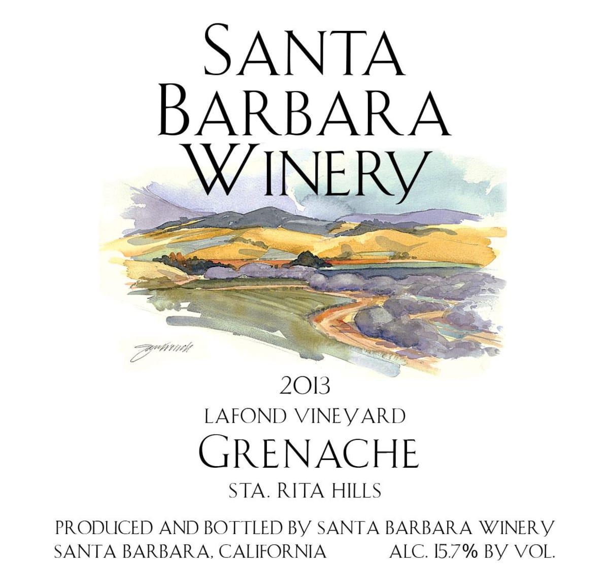 Santa Barbara Winery Lafond Vineyard Grenache 2013 Front Label