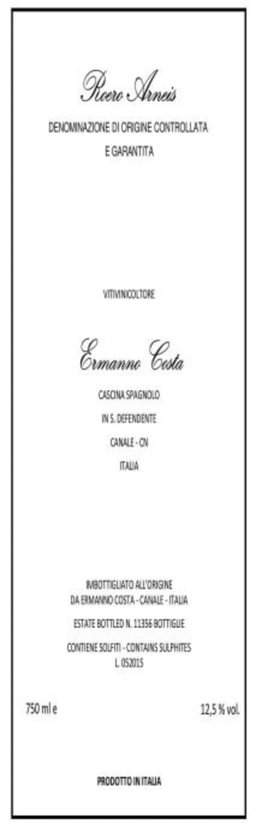 Ermanno Costa Roero Arneis 2016  Front Label
